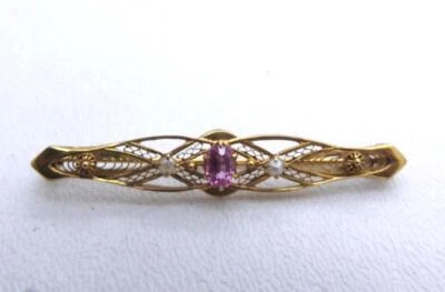 Broche prendedor vintage de 10 filigrana rosa turmalina y perlas Art Deco de oro amarillo Foto 1 de 4