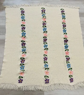 Manta múltiple afgana punto de cruz ganchillo casa de campo núcleo floral 50X55 beige Foto 1 de 4