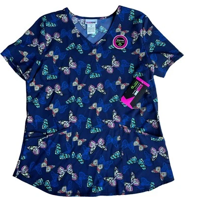 Scrubstar Women's Size Medium Butterfly Print Scrub Top Navy Blue NWT - Image 1 of 4