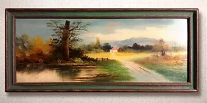 Antico dipinto ad olio vintage di Lake House nel fiume Hudson stile scuola - Foto 1 di 6