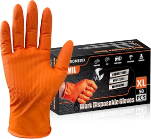 Heavy Duty Nitrile Disposable Gloves, 8-Mil Orange, Raised Diamond Texture, 100 - Picture 1 of 12