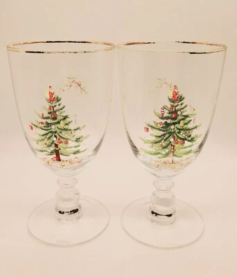 Two Spode Christmas Tree 16 oz PEDESTAL GOBLETS: Gold Rims 7” Tall • REPLACEMENT - Image 1 of 4