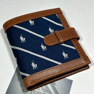 Polo Ralph Lauren Silk Leather Bifold Wallet Nvy Blu Wht Stripe Tie Cognac Brown - Picture 1 of 10