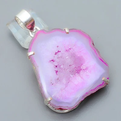Natural Pink Window Agate Drusy Gemstone Silver Plated Jewelry Pendant 1.95" - Image 1 of 3