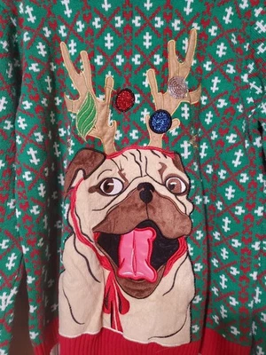 Suéter Fiesta XL Blizzard Bay Para Hombre Santa Perro Pug Reno Feo Navidad Foto 1 de 4