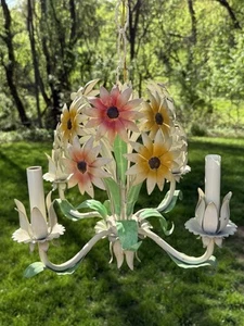 VINTAGE TOLE WARE bemalte Metall Hängeleuchte Leuchte mit Blumen KRONLEUCHTER - Bild 1 von 24