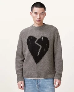 New Men's ALLSAINTS Gunmetal Gray Luv Heart Oversized Knitted Jumper Size XL - Picture 1 of 10