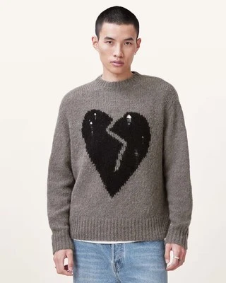 New Men's ALLSAINTS Gunmetal Gray Luv Heart Oversized Knitted Jumper Size XL - Image 1 of 4