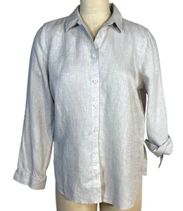 Chicos Womens No Iron Neutral Linen Roll Tab Button Down Blouse Size 1 U.S. 8 10 - Picture 1 of 8