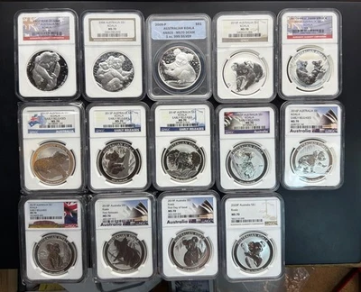 Lot Of 14 Australia Silver $1 Koala NGC/ANACS Graded MS 70 2007-2020 - Image 1 of 4