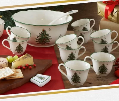 Spode Christmas Tree 10 Pc Punch Bowl Set Scalloped Porcelain Holiday Serveware