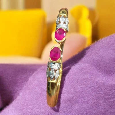 2.70 ctw Round Brilliant Cut Natural Diamonds Ruby Cuff Bracelet 14K Yellow Gold - Image 1 of 4