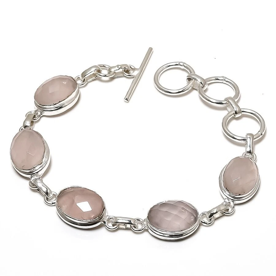 Brazalete de joyería de plata de ley 925 hecho a mano con piedras preciosas de cuarzo rosa tamaño 7-8" Foto 1 de 1