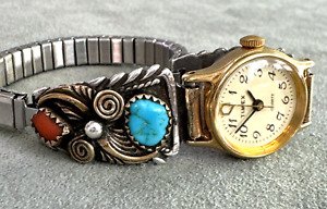 Embouts de montre vintage en corail turquoise sterling 1/20 or 12 carats feuilles tenderils