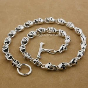 Skulls Link 925 Sterling Silver Necklace Biker Punk Jewellery 8W004NB BZ - Picture 1 of 16