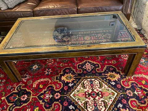 Vintage Bernhard Rohne Etched Acid Brass Coffee Table, 54" x 28 1/2" x 17 1/2" Cover