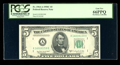 DBR 1950-C $5 FRN Boston Gem Fr. 1964-A PCGS 66 PPQ Serial A16008158B - Image 1 of 2