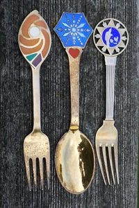 Vtg. A. Michelsen 1971, 1976, 1931 Gilded Sterling Christmas Spoon & Fork Set - Picture 1 of 22