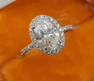 3Ct Oval-Cut VVS1 Moissanite Halo Engagement Ring 14k White Gold Plated - Picture 1 of 5