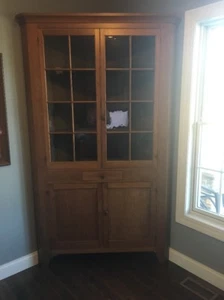 1790’s Antique Primitive Cherry Wood Corner Cupboard Original Wavy Glass Drawer - Picture 1 of 12