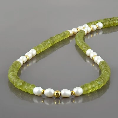 Natural Facetado Verde Peridoto y Perla Rondana Cuentas Plata Cadena 18" Collar - Imagen 1 de 4