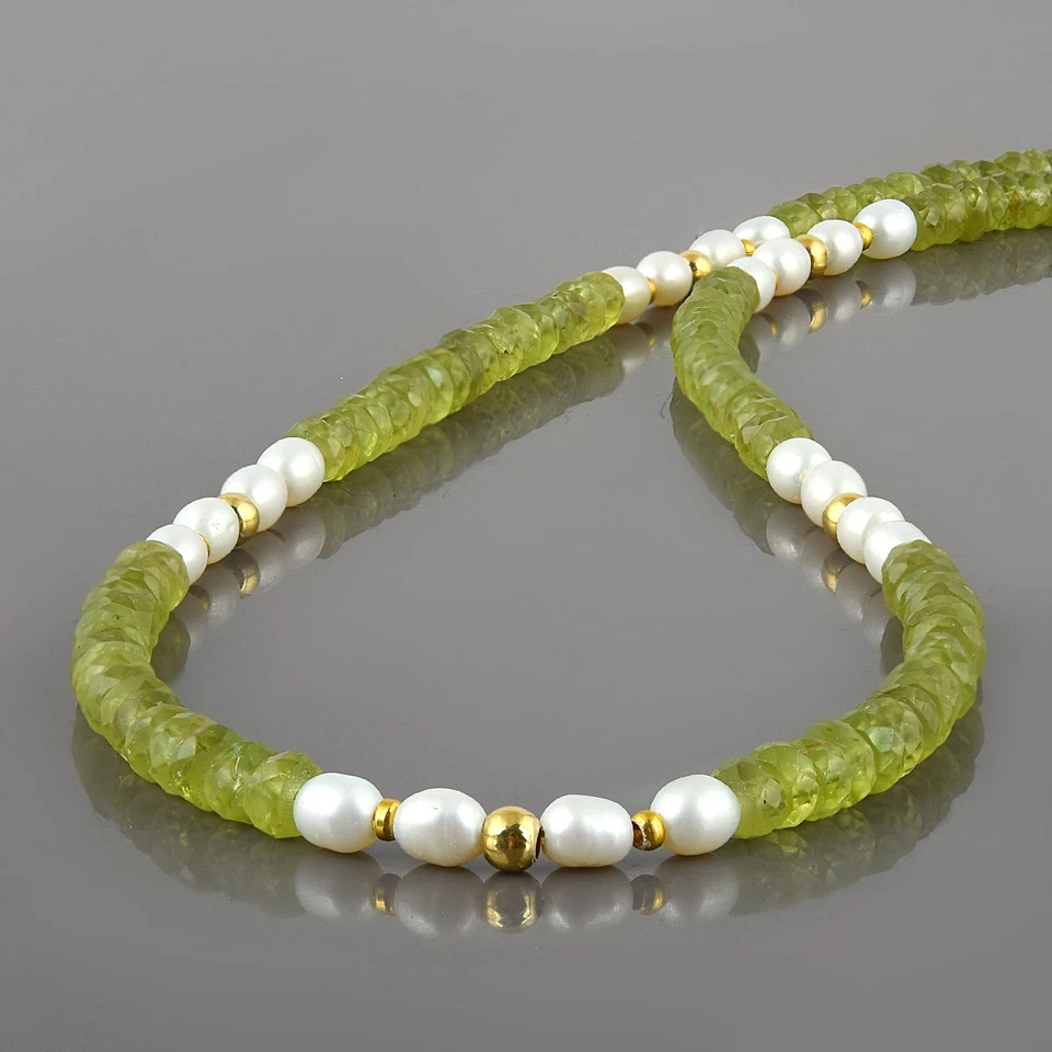 Natural Facetado Verde Peridoto y Perla Rondana Cuentas Plata Cadena 18" Collar - Imagen 1 de 4