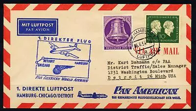 GERMANY to USA 1954 Berlin State Bell+ on PANAM First Flight FFC Airmail Cover  - Image 1 of 2