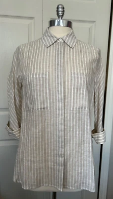 Ravel纽扣女式上衣衬衫3/4袖灰褐色/白色条纹亚麻小号全新带标签 — 第 1/4 张图片