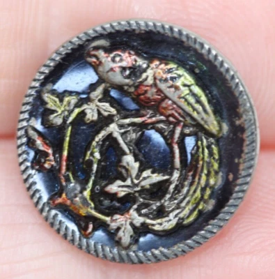 Victorian Eingetr Muster Parrot Bird Button Enamel Tinted Cup Shank German - Image 1 of 4