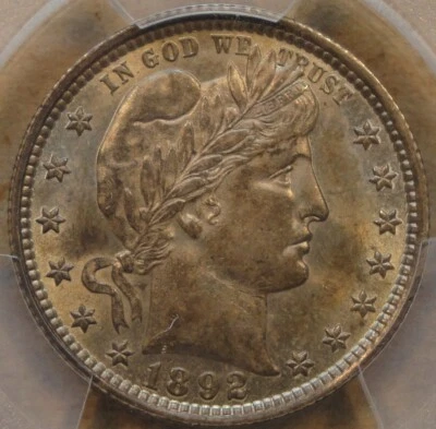 Cuarto de barbero 1892 25c certificado PCGS AU58 Foto 1 de 4