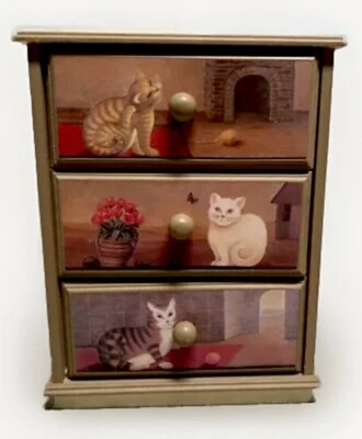 Folk Art Wood Cat Dresser Chest of Drawers Hand Painted Jewelry Trinket Box 13” - Image 1 of 4