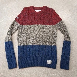 Superdry Mens Jumper Large Grey Red Blue Cable Knit Sweater Knitwear Wool Blend - Picture 1 of 11