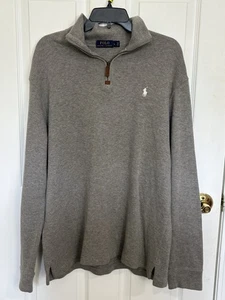 Polo Ralph Lauren 1/4 Zip Grey Knit Sweater Size Large White Pony Suede Zipper - Picture 1 of 6
