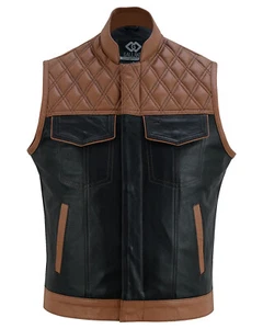 Tan and Black Sons of Anarchy Style Biker Diamond Gilet Vest Motorcyle Waistcoat - Picture 1 of 6