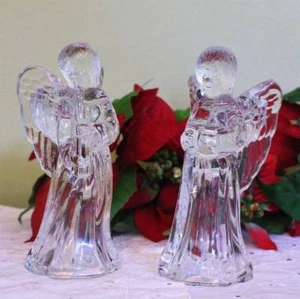 Angel Candle Holders Taper Set of 2 Reading Book Playing Flute Glass Crystal 6.5 - Picture 1 of 4