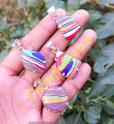 Lote atacado de 10 pingentes de pino folheados a prata 925 com pedra preciosa de calsílica arco-íris - Imagem 1 de 4