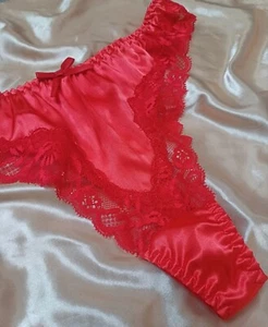 Glamorous Red Sexy Silky Satin Lace Thong Panties Knickers CD TV Sz M UK 10-12 - Picture 1 of 4
