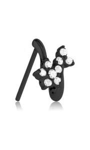Black PVD Coated Steel Nose Stud Ring Screw L Bend Flower CZ Nose Hugger 20G - Picture 1 of 1
