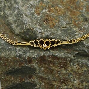 14k Yellow Gold Diamond Chain Link Heart/Love Bracelet 7" Long