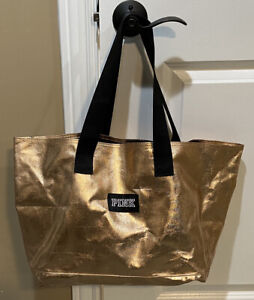 Victorias Secret Metallic Tote Beach Bag Oversize Purse - Peach Shimmer/Black