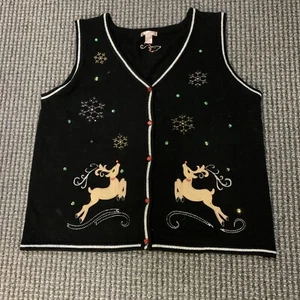 White Stag Ugly Christmas Sweater Vest XXL 2XL Women Reindeer Black Button Front - Picture 1 of 5