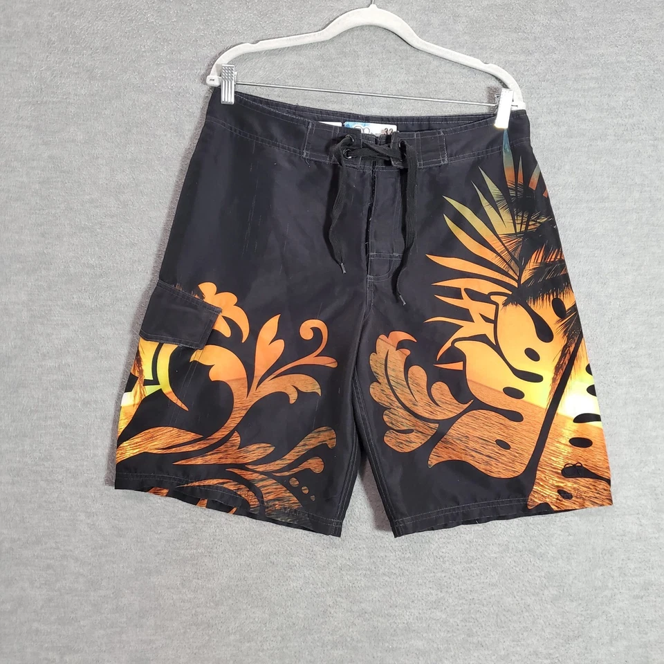 VINTAGE OP Hombres Traje de Baño 32 Negro Y2K Hawaii Puesta de Sol Boardshorts Carga Surf LEER Foto 1 de 4
