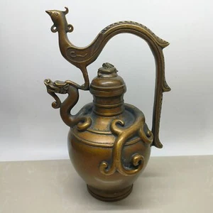 Unique Chinese Copper Bronze Brass Lucky Dragon&Phoenix Statues Wine Pot Tea Pot - Picture 1 of 8