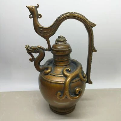 Unique Chinese Copper Bronze Brass Lucky Dragon&Phoenix Statues Wine Pot Tea Pot - Image 1 of 4