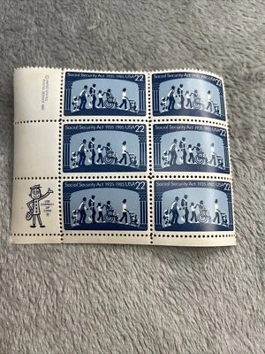 US scott #2153 plate block of 6 stamps. Social Security Act. Mint, No Hinge.  - Image 1 of 4