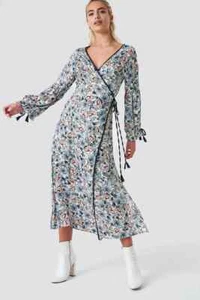 Glamorous Off White Blue Floral Sheer Wrap Maxi Dress size 8 Tassel Belt Kimono - Picture 1 of 5