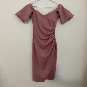 ASOS Design Dress Sz 6 Off Shoulder Ruched Wrap Sheath Slight Stretch Pink NWOT - Picture 1 of 8