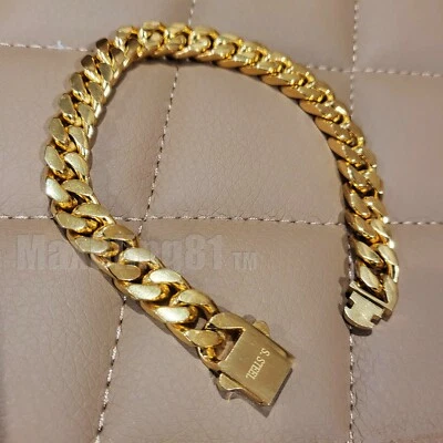 PULSERA HIP HOP CHAPADA EN ORO 24K ACERO INOXIDABLE 8mm 10mm 8.5" CAJA CUBANA BLOQUEO Foto 1 de 2