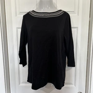 Top tejido elástico negro Rafaella cuello adornado estrás cuentas talla grande 2X - Imagen 1 de 9