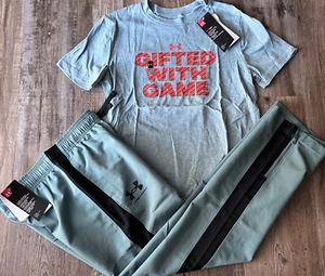 NWT Under Armour Boys YMD Gray/Khaki Green/Black GIFTED WITH GAME Wind Pants Set - Picture 1 of 5